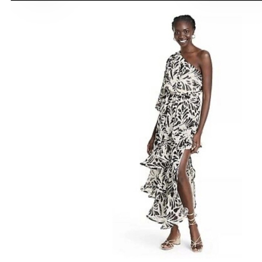 Alexis for Target One Shoulder Ruffle Maxi Dress Black Botanical White Small NEW